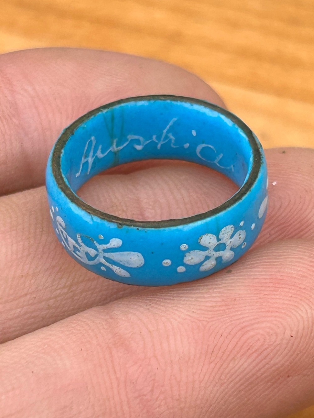 Vintage Austria Blue Enamel Floral Band Ring White Folk Art Boho Jewelry
